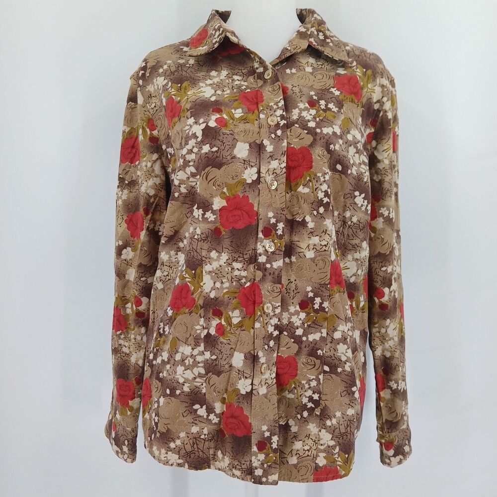 womans Guide Series Floral Paisley Faux Suede Button Front Shirt Brown Size M